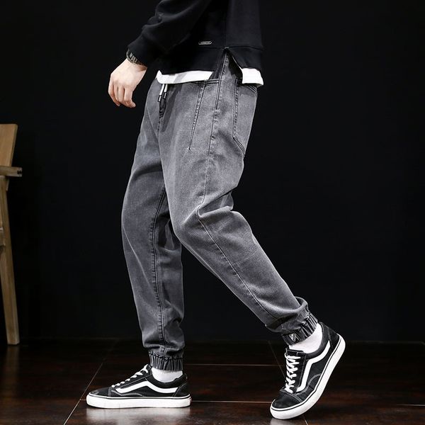 

men's jeans men loose fit vintage harem pants multi pockets denim cargo slack bottom hip hop jogger fashion streetwear, Blue