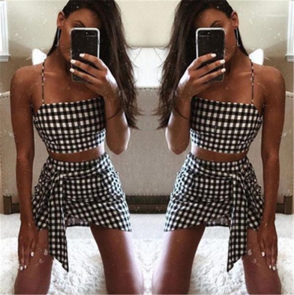 

женская мода checkerboard set bodycon юбка повседневная crop top плеча tank summer two piece set бинтов гингем мини-юбки костюмы, Gray