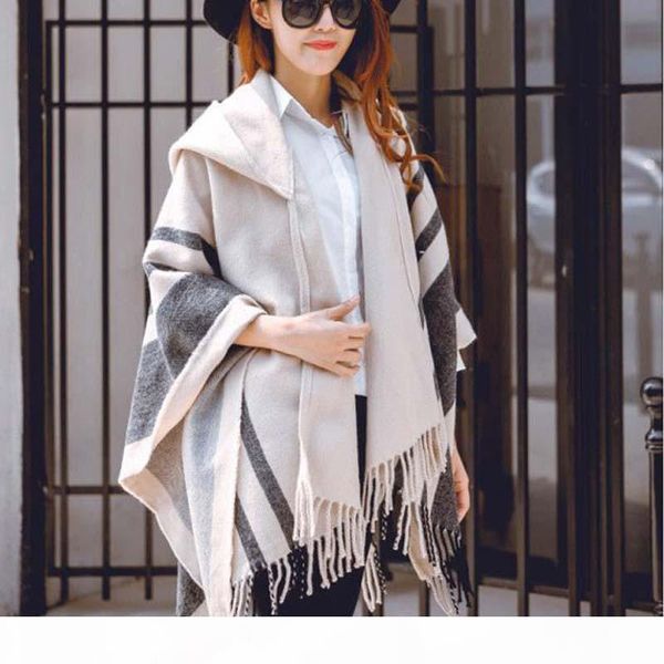 

fashion womens poncho wraps hooded cape coats cardigan batwing pashmina shawl scarves ladies winter cloak coats tassel outwear, Blue;gray
