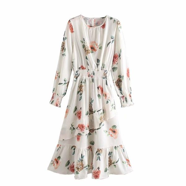 

ma & go women's dress autumn and winter 2020 pleated flower print round neck puff ssleeve waist long straight simple dress, Black;gray