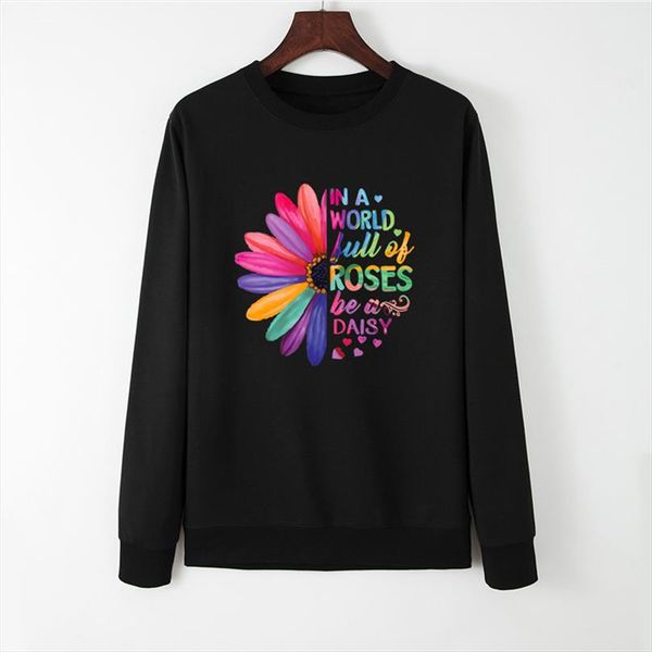 

new daisies print sweatshirt kpop hoodies women pink pullover o neck sweatshirts winter clothes women long sleeve shirts, Black