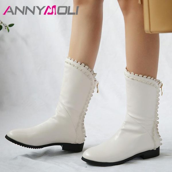 

annymoli женщина сапоги плоские западные сапоги zip середина теленок круглый toe обувь женская обувь осень зима бежевый большой размер 46, Black