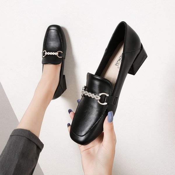 

british loafers women's chunky heel 2020 summer new style black thin shoes