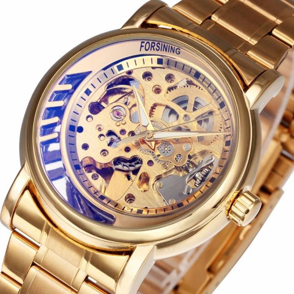 

forsining royal golden mechanical watches men stainless steel strap half moon design auto skeleton wristwatch, Slivery;brown