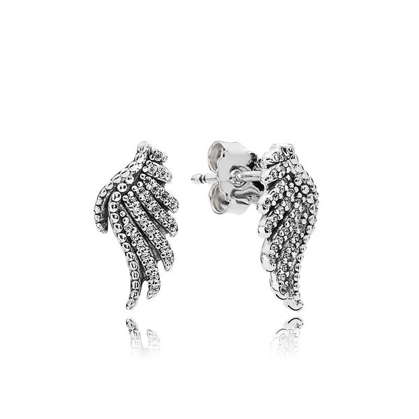 

authentic 925 sterling silver magnificent feather earring with crystal fit pandora jewelry women stud earring with original box, Golden;silver