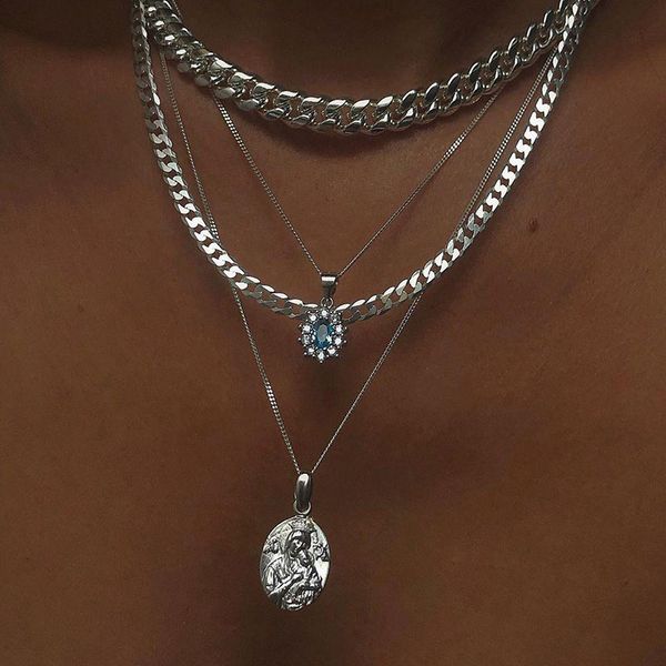 

vintage silver color link chain crystal pendant necklace for women girl portrait multilayer necklaces party jewelry collares