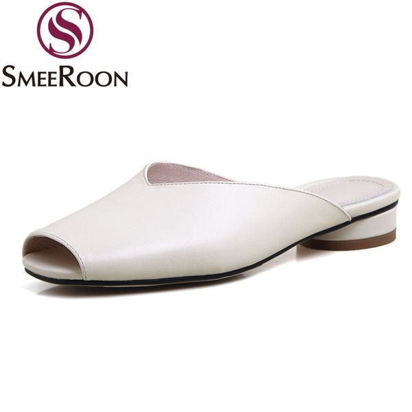

smeeroon 2020 new brand summer comfortable women slippers genuine leather solid color mules shoes fashion square toe shoes, Black