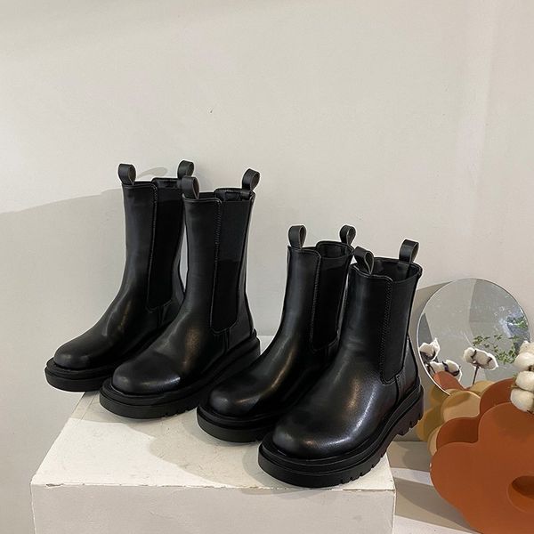 

ankle leather boots fashion women's boots platform square mid heels short winter autumn solid black long women shoes