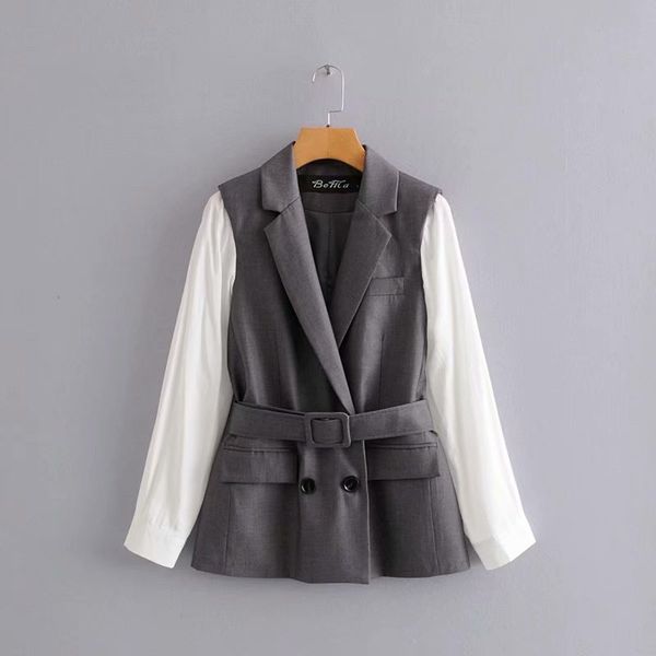 

women's coat autumn 2020 new fashion waist - hugging long - sleeved fake two shirt vests casual style size :s, Black;brown