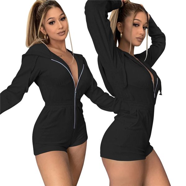 

womens patchwork jumpsuits with pockets casual womens designer spring hooded collar solid color bodysuits fashion long sleeve rompers, Black;white