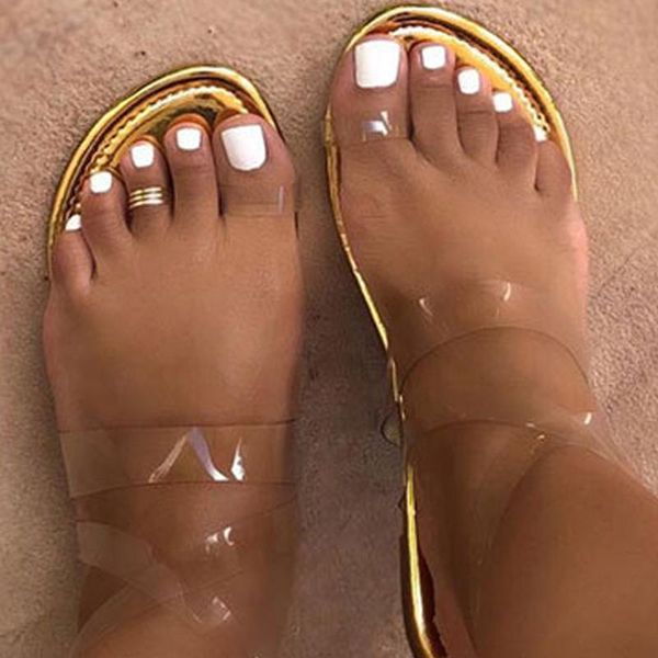 

fashion 2020 women clip-toe transparent strap sandals roman flat sandals ladies womens flat slides d2#2, Black