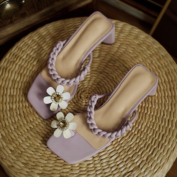 

slippers kmeioo elegant fashion outside slides woman open toe high-heeled appliques flower dress sandals woven chunky heels, Black