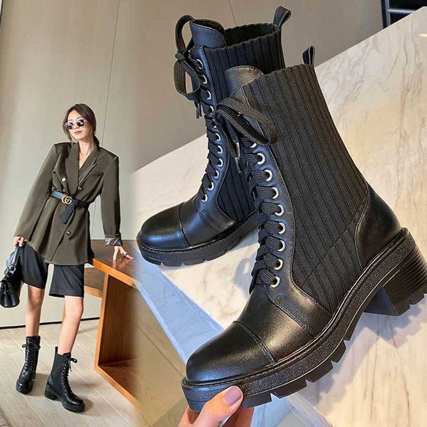 

women ankle boots natural leather+flyknik boot tube european and american skinny boots lace-up outdoor online celebrity, Black