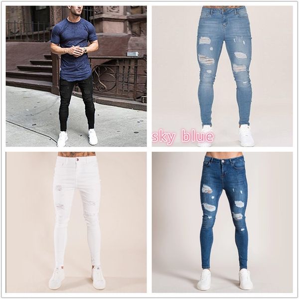 

new knee-pierced korean solid color and casual men's new skinny knee-pierced korean men's solid color and jeans casual skinny jean, Blue