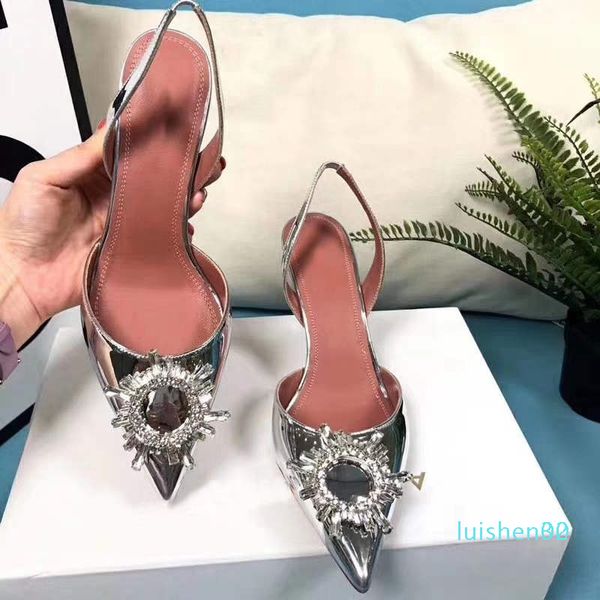 

designer black satin crystal buckle womens slingbacks pumps patent leather gladiator sandals transparent silver high-heeled shoes l30