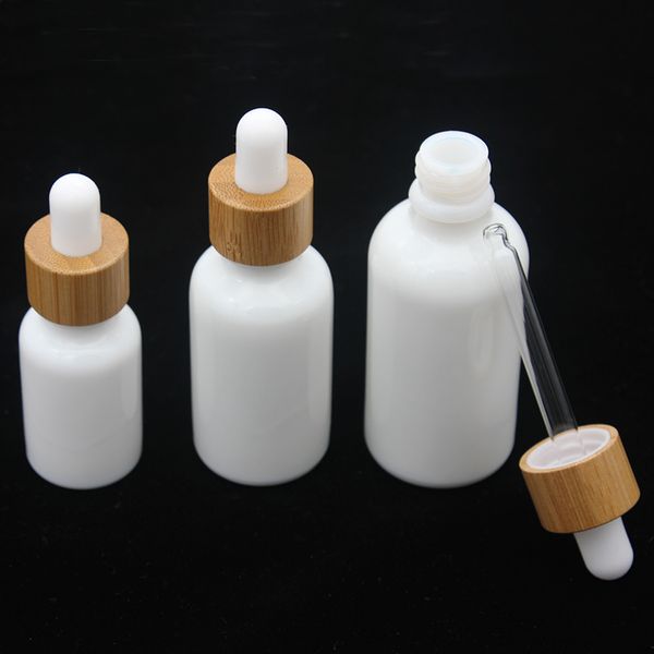 Garrafa de vidro branco de opala 15ml 30ml 50ml com gotas de bambu 1oz de madeira essencial de petróleo porcelana