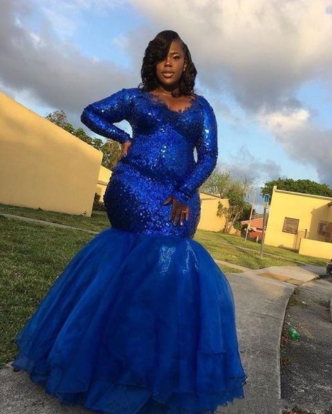 Sul Africano Royal Blue Sereia Prom Vestidos de Manga Longa 2021 Glitter Lantejoulas Trompete Vestidos de Noite Sparkly Plus Size Special Ocasião Vestido