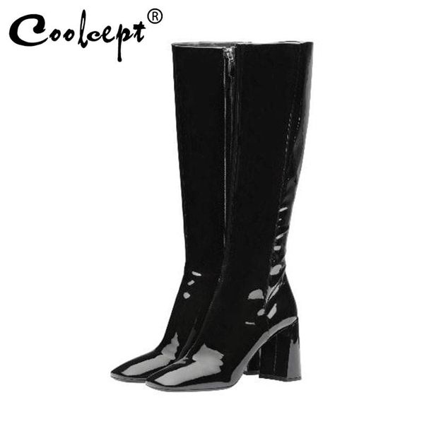 

coolcept women knee high boots new fashion winter designer shoes women square toe zipper candy color high heel boots size 33-43, Black