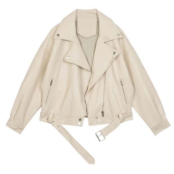 

2020 leather jacket lapel long sleeve apricot pu leather loose big size short jacket women coat fashion tide clothing, Black