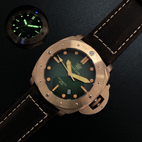 

steeldive automatic watches for mens,bronze men dive watch 500m waterproof mechanical wristwatch c3 luminous clock, Slivery;brown