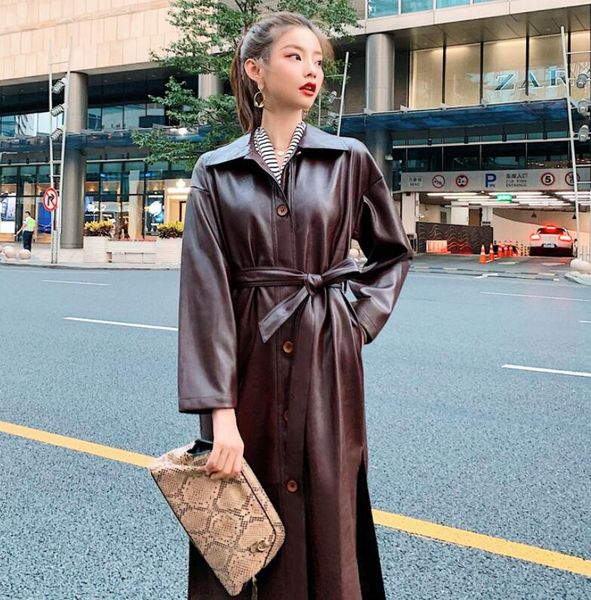 

women's leather & faux elegant long cool jacket 2021 spring women loose belt pu windbreaker trench coat slim autumn, Black