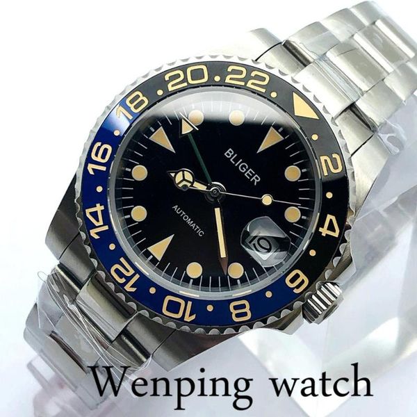 

bliger 40mm men's luxury business mechanical watch sapphire glass ceramic bezel black dial luminous mens gmt automatic watch, Slivery;brown