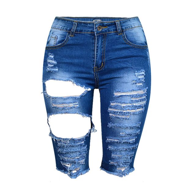 

summer high waist jeans women ripped hole denim pants capris vintage tassel skinny cool jeans female, Blue