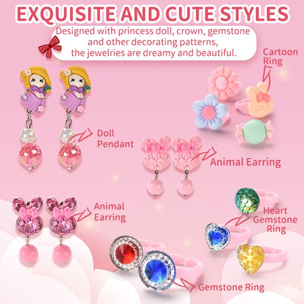 

new children's cartoon ring girl princess earring imitation diamond crystal toy gift box with cartoon ring cover for kindergarten gifts