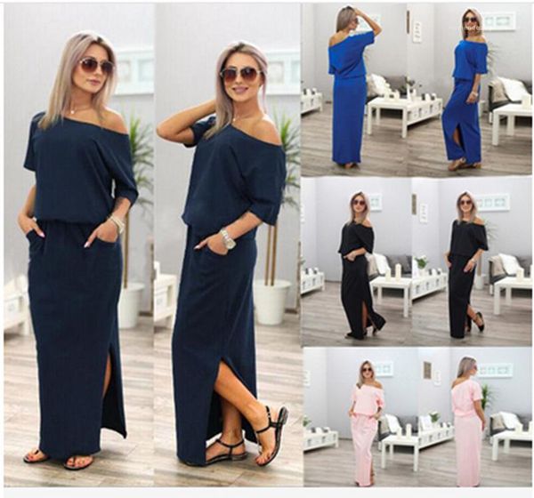 

printed slash neck pocket split style dress casual female clothing summer female designer dresses solid color, Black;gray