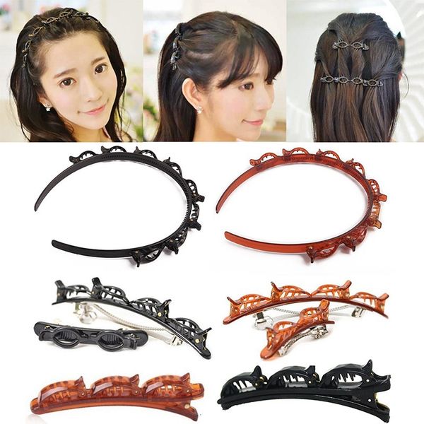 

new double bangs hairstyle hairpin headband tool women girls fashion double layer hair hoop twist plait hair clips accessories, Silver