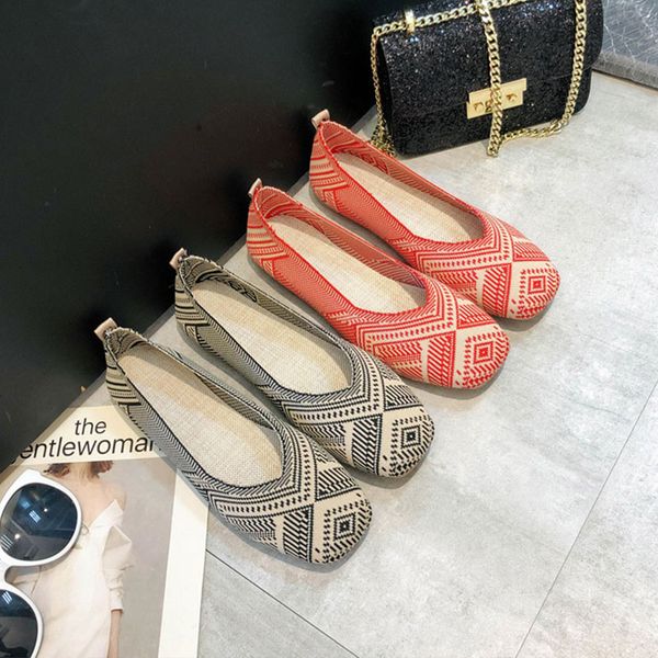 

plus size spring new ballet flats women square toe knit fabric loafers breathable flat heel drive shoes driving sneaker, Black