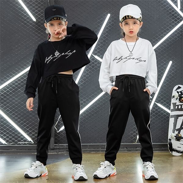 

fashion hip hop clothing set for teenage girls cotton children's sports suits streetwear crop black pants dance clothes 0927, White