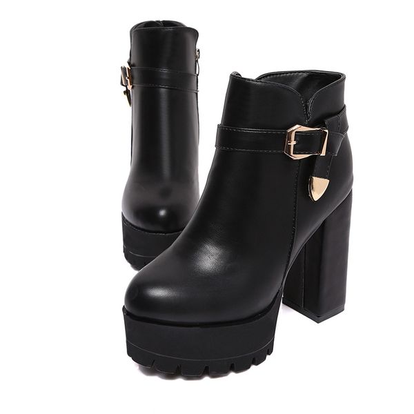 

2020 new fashion boots women quality leather belt buckle martin boots high heels ankle for women, Black