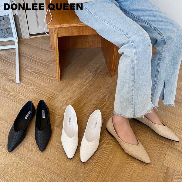 

2020 new women flat shoes ballet flats weave pointed slip on moccasins soft ballerina shoes women casual loafer zapatos de mujer, Black