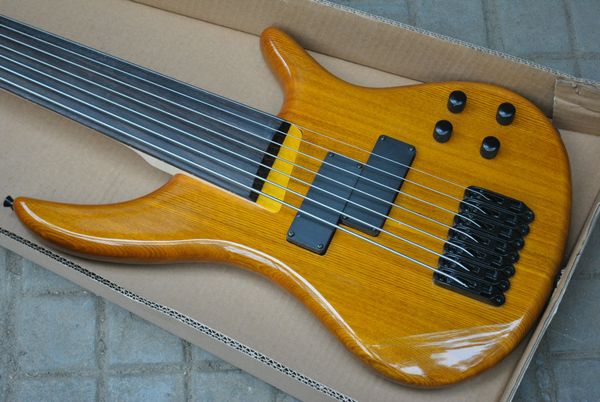 7 Dize Fretless Doğal Ahşap Tek Parça Vücut Bas ve Gülağacı Klavye 24 Fret, Siyah Donanım Çin Elektro Gitar Bas