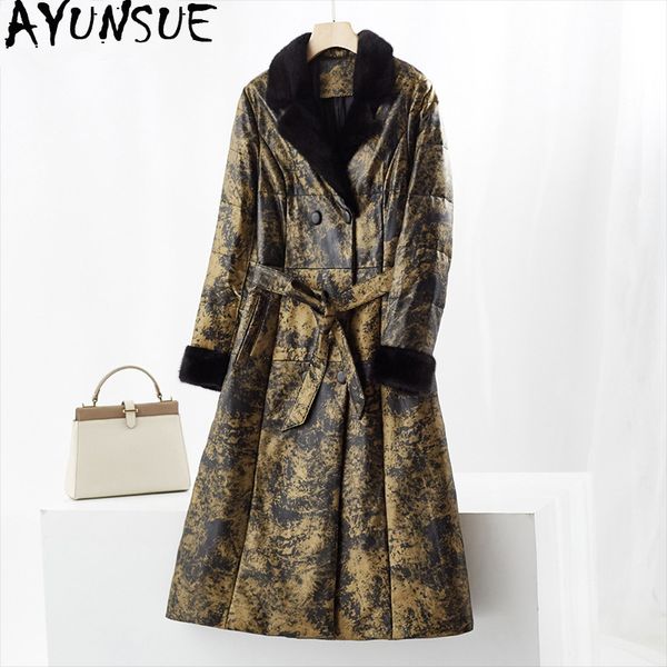 

women's leather & faux ayunsue 2021 genuine jacket winter women collar down jackets for 100% real sheepskin coat my4062, Black