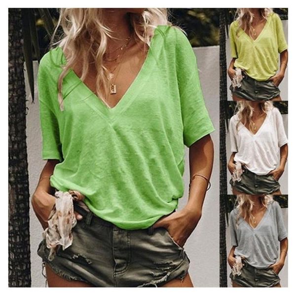 

casual v neck tshirts solid color short sleeve loose tees new women summer clothing women, White