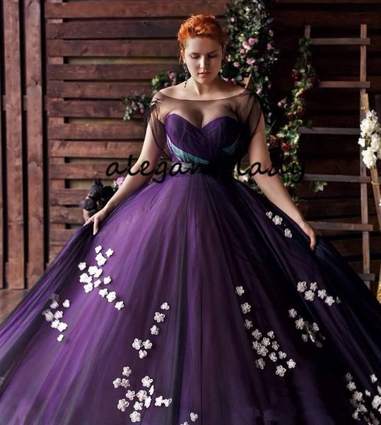 

Purple Plus Size Prom Formal Dresses 2019 Sheer Bateau Neck Lace Floral Sweep Train Applique Arabic Occasion Evening Gowns