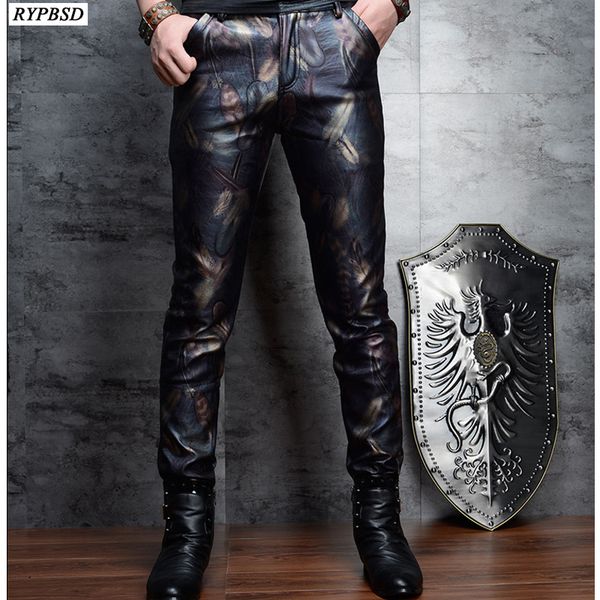

skinny leather pants men fashion printed slim fit pu faux leather trousers zipper mens biker trouser, Black