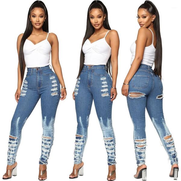 

women ripped jeans summer ladies high waist hollow out distrressed skinny long jeans casual womens clotihing european american, Blue