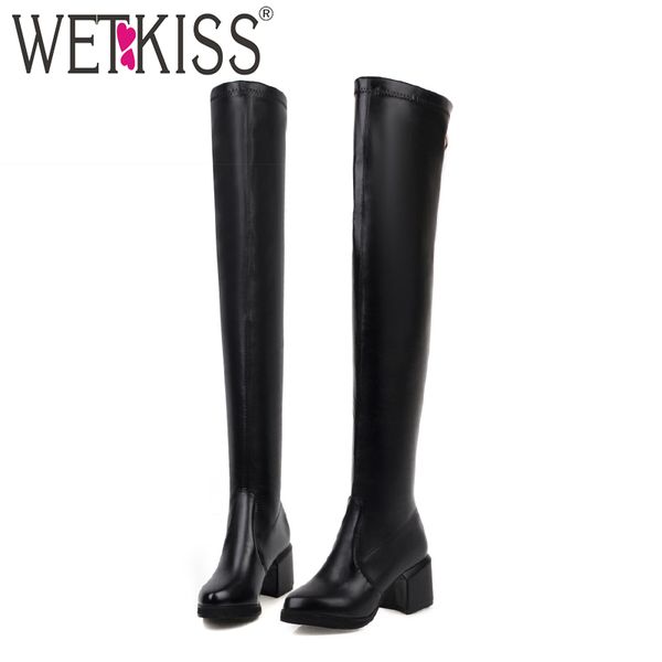 

wetkiss over the knee boots women thigh high boot female high heels thick shoes ladies round toe pu shoes winter plus size 48, Black