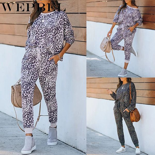 

wepbel women's fashion leopard print printed two-piece sets autumn o-neck long-sleeved t-shirt + pocket pencil pants sports suit, Gray