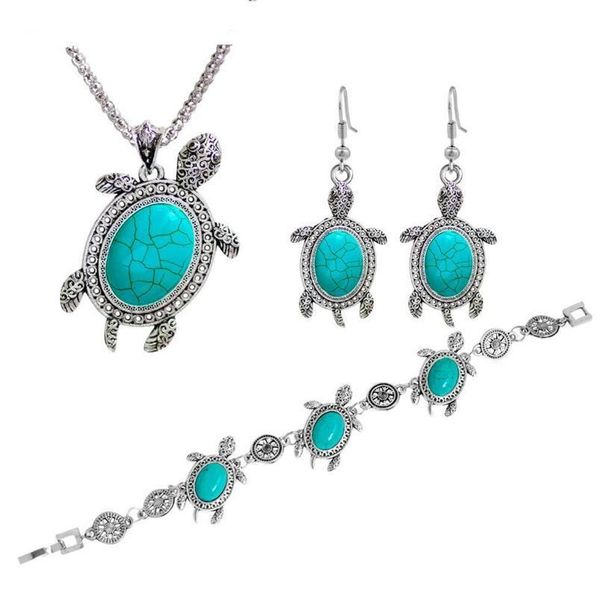 

turtle 3 cute set necklace bracelet earrings antique animal look vintage turquoise silver sets plated colors pendant jewelry bdegarden mram, Black