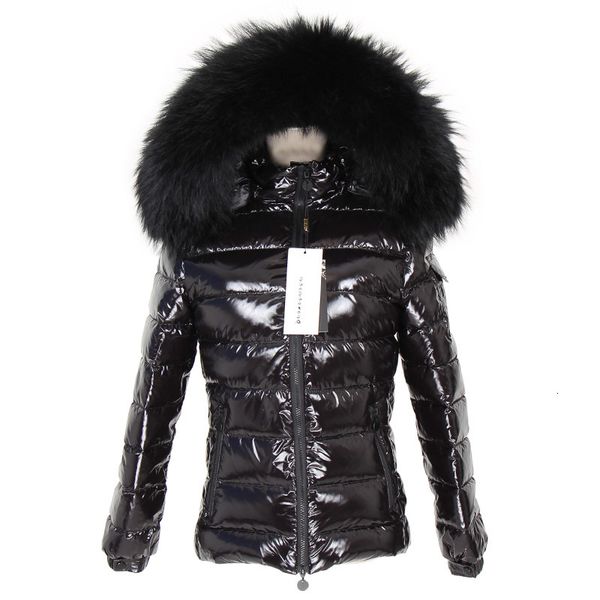 

maomaokong autumn and winter bright face real fur collar black down jacket short 90 white duck down slim hooded warm jacket in w, Black;white