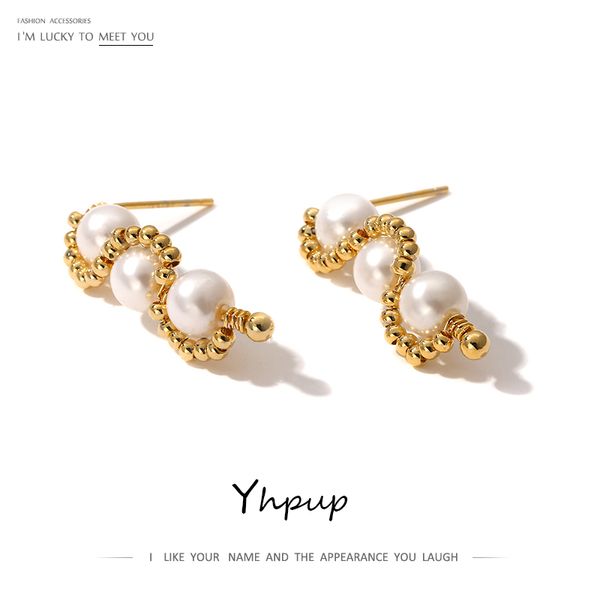 

yhpup irregular copper metal stud earrings imitation pearls vintage ethnic earrings brincos for female party jewelry gift 2020, Golden;silver