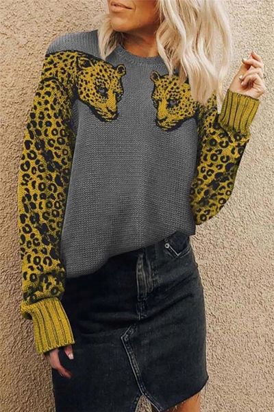 

casual sweaters women pullover clothes womens two leopards fashion sweater woman winter o-neck long sleeve loose, White;black