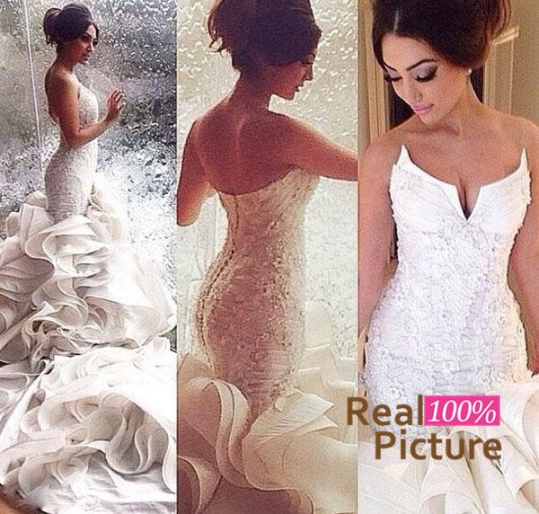 

Custom Made Hot Sale Sexy Mermaid Wedding Dresses Lace Up Organza Chapel Train Lace Applique Bridal Gowns Cheap Plus Size