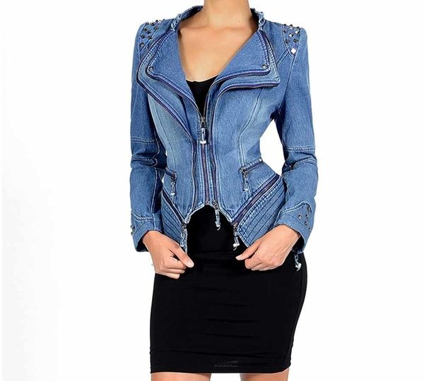 

young17 women gothic gray blue rivet asymmetric punk rock denim jacket coat plus size 6xl spring winter motorcycle outerwear y190827, Black;brown
