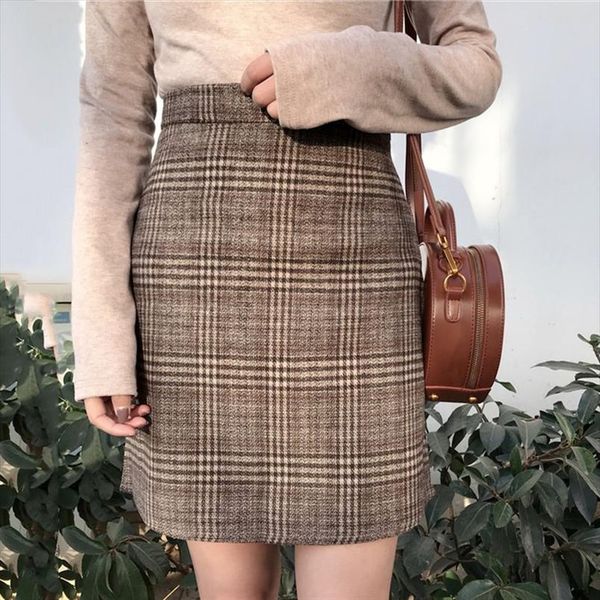 

autumn new tartan high waist vintage large size slim skirt female korean empire a line england style knee length casual skirt, Black