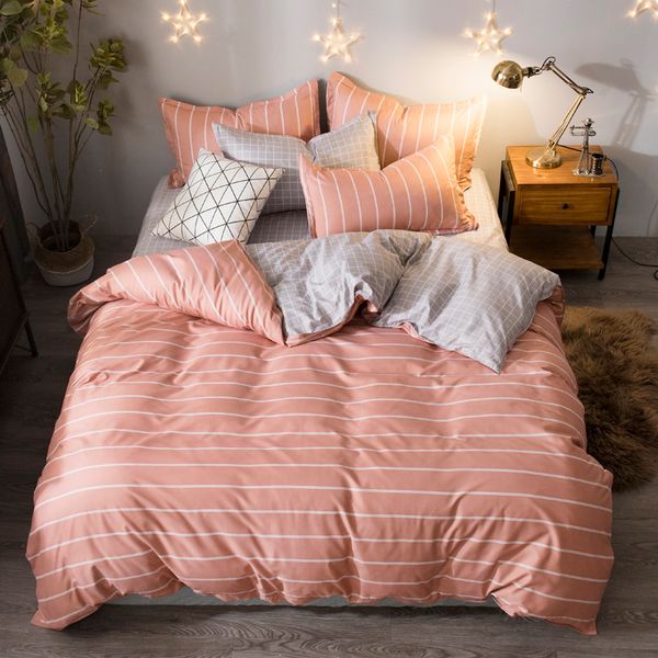 

AB-side Bedding Set Fashion house luxury bed cover sheet Pillowcase Pink stripes Home textile Family Bed Linens High Quality